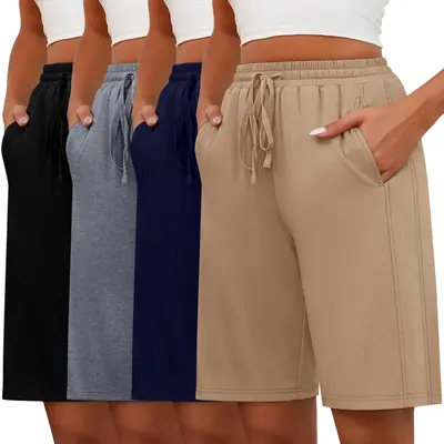 Bermudas mujer 4-pack algodón cordón cintura elástica bolsillos – Negro/Gris claro/Azul marino/Caqui XL