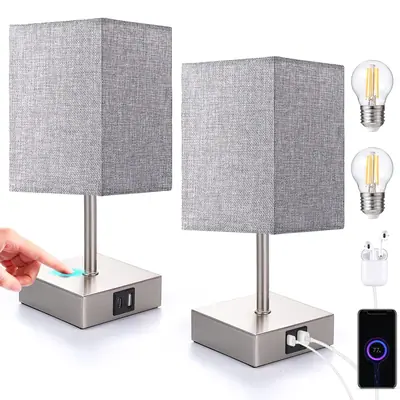 Lámpara de mesita de noche LED regulable táctil set de 2 con carga USB – Pantalla gris