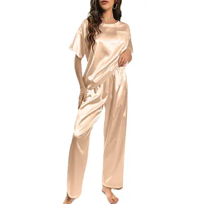 Lote · Pijama satinado efecto seda mujer Top manga corta y pantalón largo ligero y transpirable – Talla S-XL