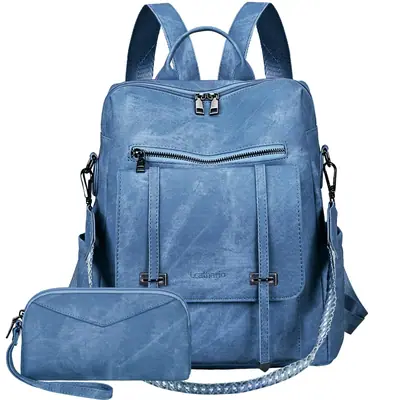 Mochila femenina de piel sintética PU múltiples bolsillos casual viaje – Azul vibrante
