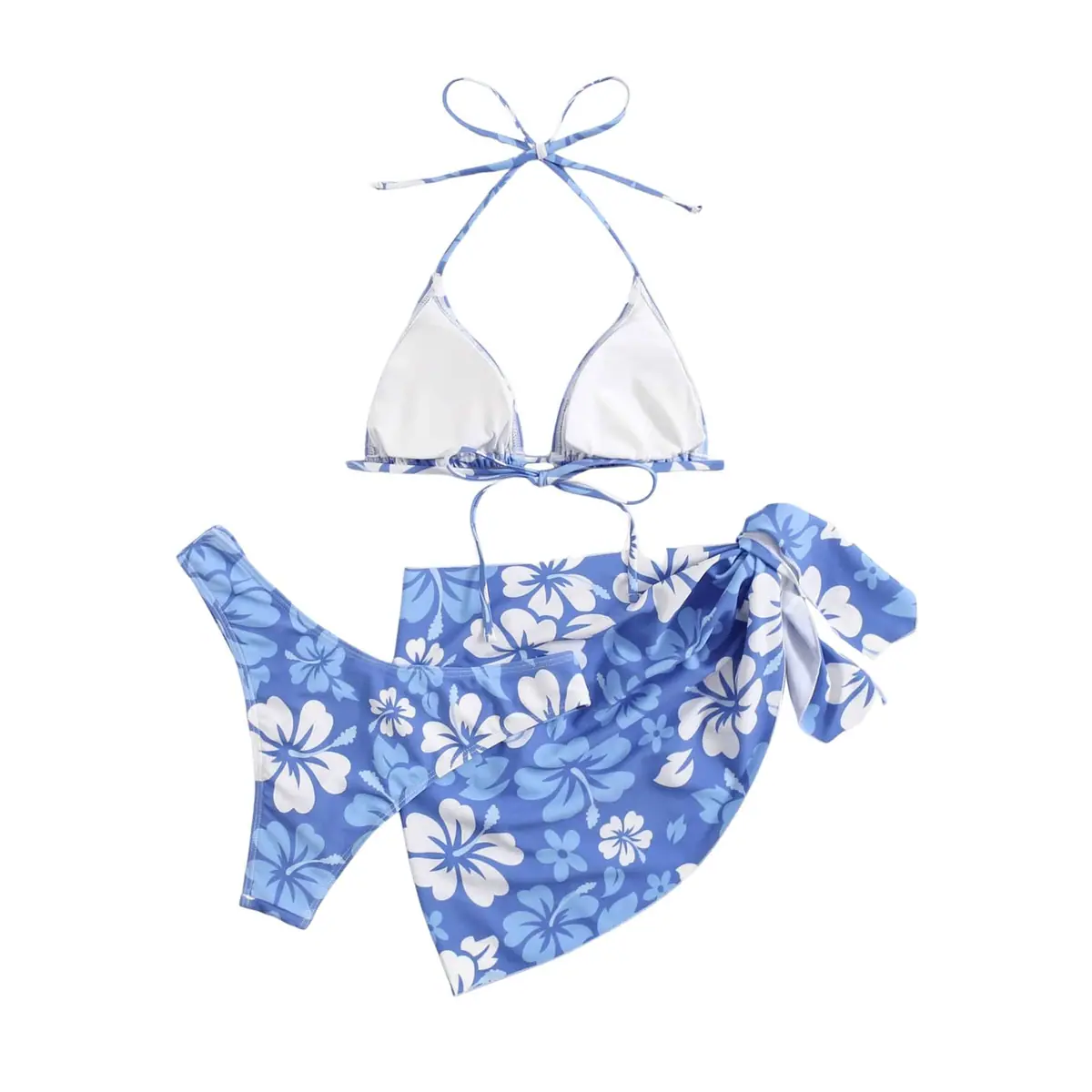 Bikini de mujer 3 piezas con falda triángulo halter estampado floral – Azul M – foto 2
