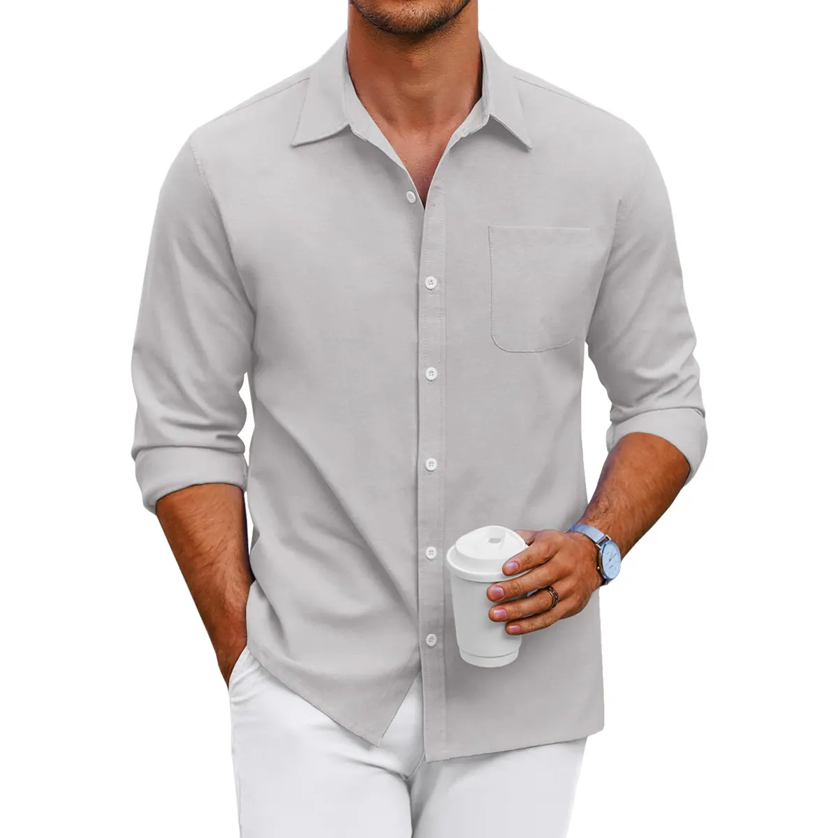 Camisa Oxford hombre manga larga button-down algodón regular fit – Gris claro XXL