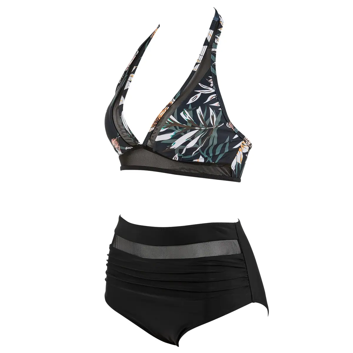 Conjunto bikini halter de malla control vientre cintura alta push-up – Negro floral M – foto 3