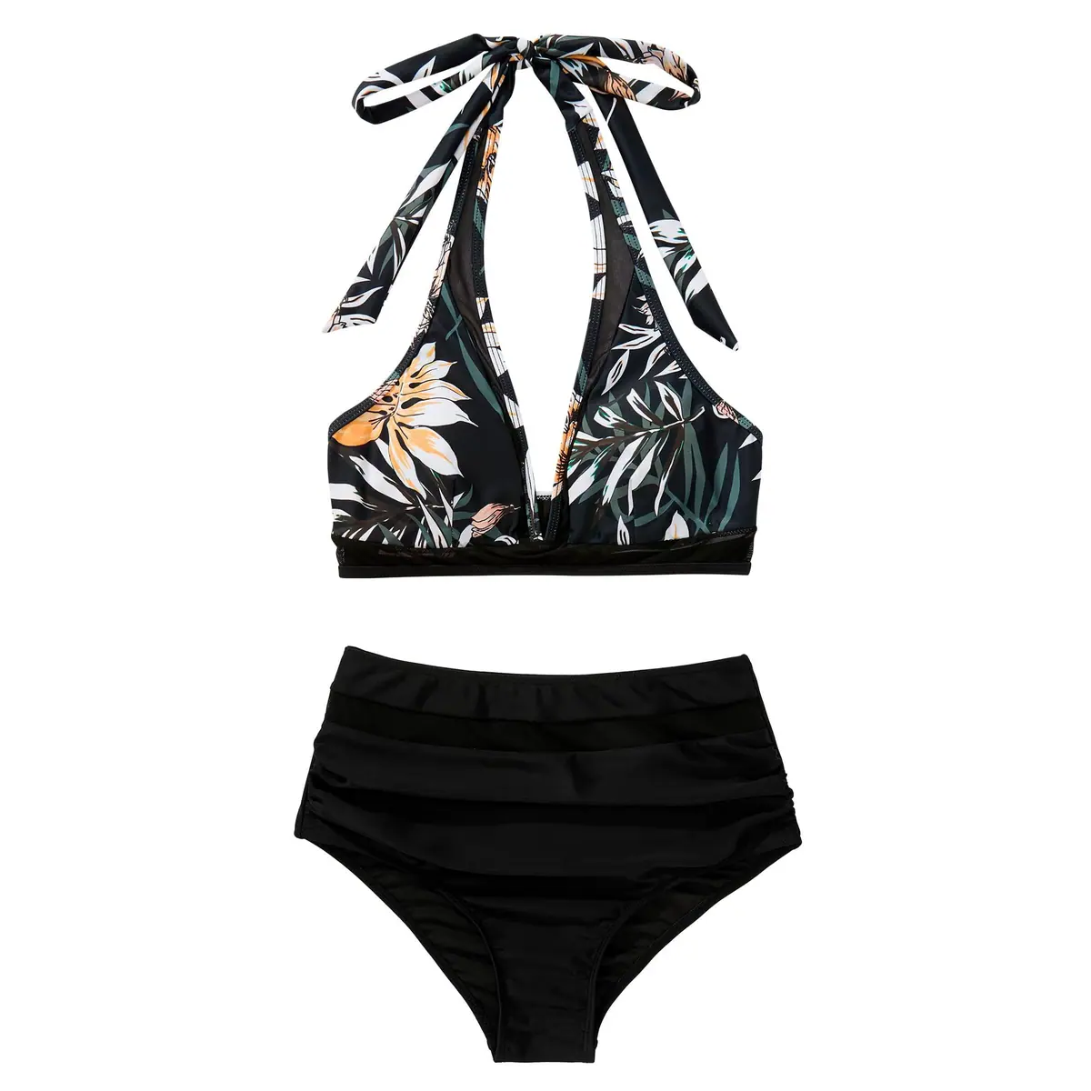 Conjunto bikini halter de malla control vientre cintura alta push-up – Negro floral M – foto 4