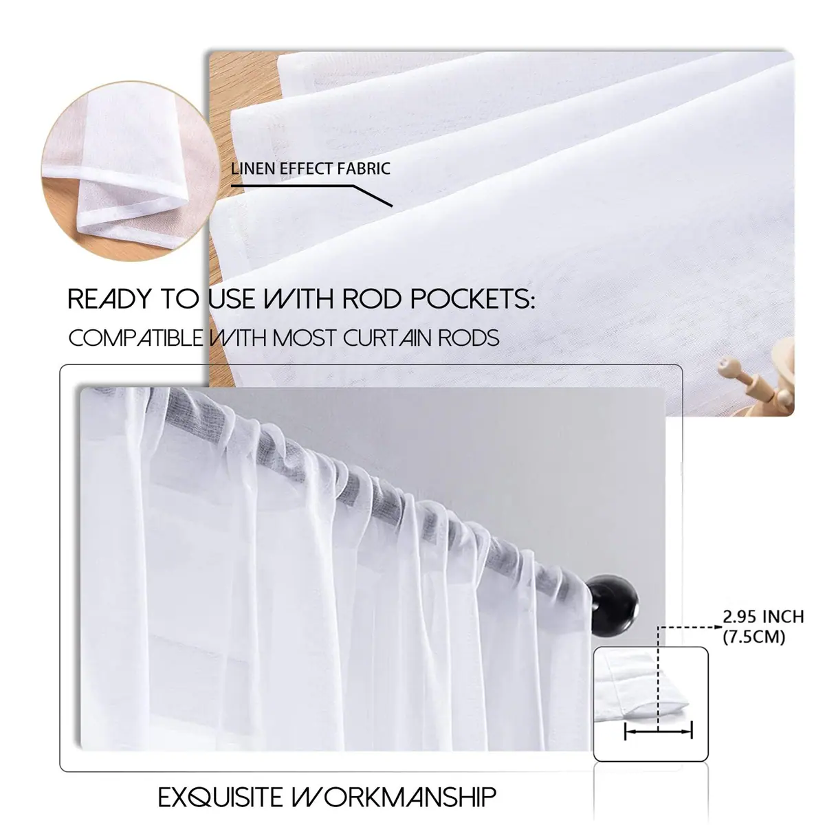 Cortinas voile Set 2 Semitransparente aspecto lino con ollados – Blanco 225x140cm – foto 2