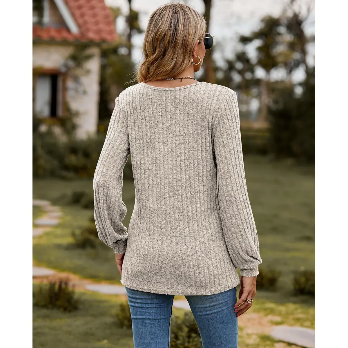 Jersey ligero de mujer canalé cuello redondo manga larga – foto 2