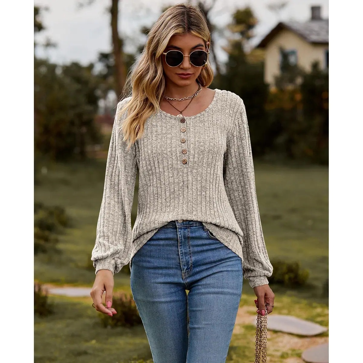 Jersey ligero de mujer canalé cuello redondo manga larga – foto 4