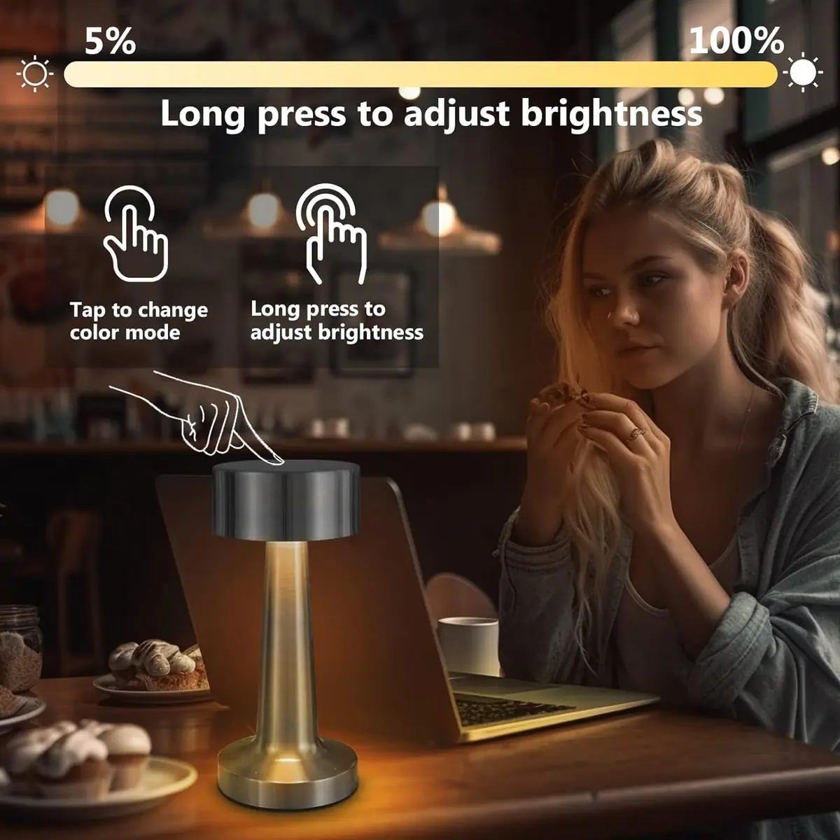 Lámpara de mesa LED recargable regulable 3 temperaturas de color batería portátil mesita – Blanco – foto 3