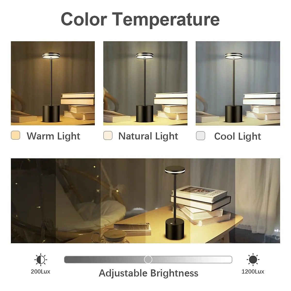 Lámpara de mesa LED recargable sin cable, 3 modos de color - Negra – foto 4