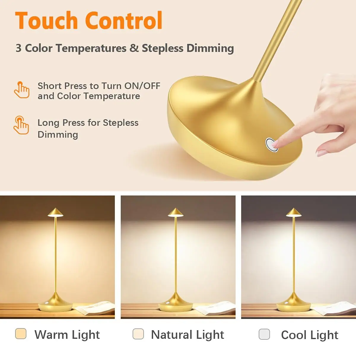 Lámpara de mesa LED recargable y sin cables, juego de 2 – Dorado – foto 3