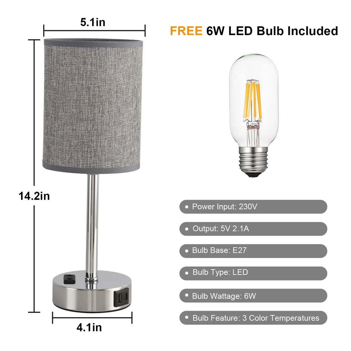 Lámpara de Mesa LED Táctil Regulable con Puertos de Carga USB – Gris 2-Pack – foto 3