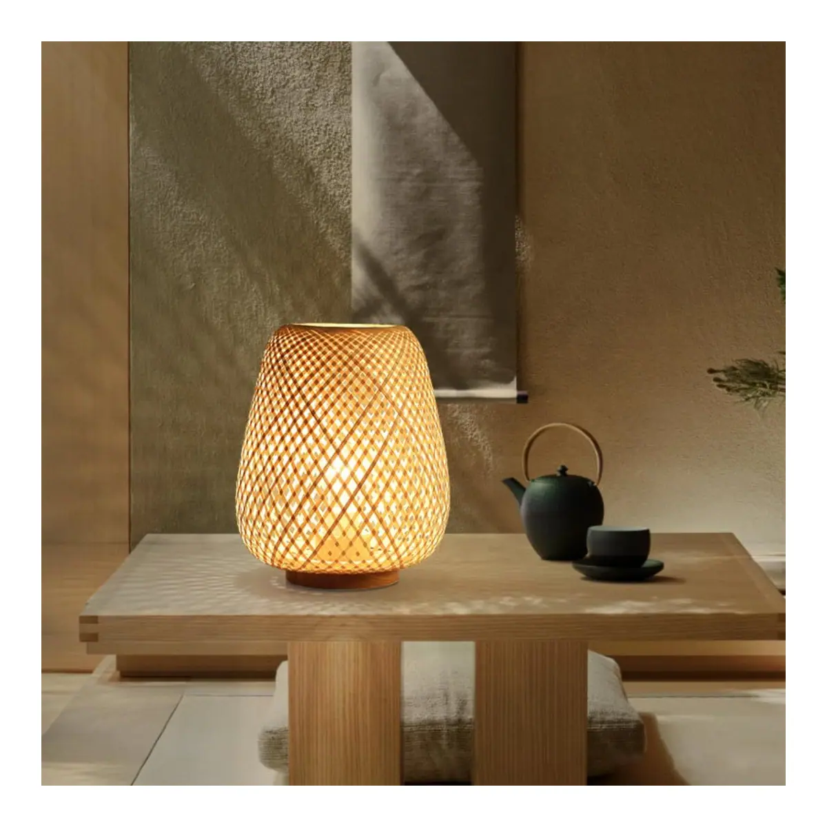 Lámpara de mesa linterna de bambú estilo japonés luz nocturna decorativa – Natural – foto 2