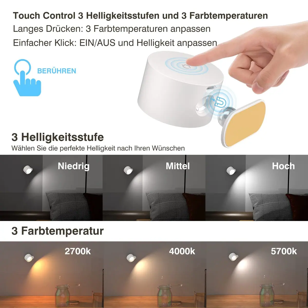 Luz de Pared LED Interior a Batería Control Táctil 3 Niveles de Brillo – Blanco – foto 3