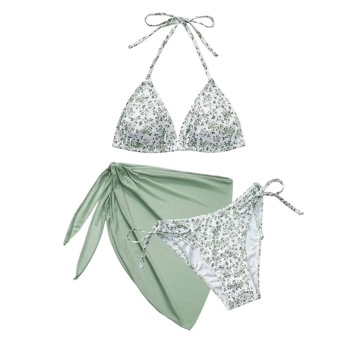 Set de bikini de 3 piezas para mujer floral top halter triangular, braga con cordones y falda pareo – floral