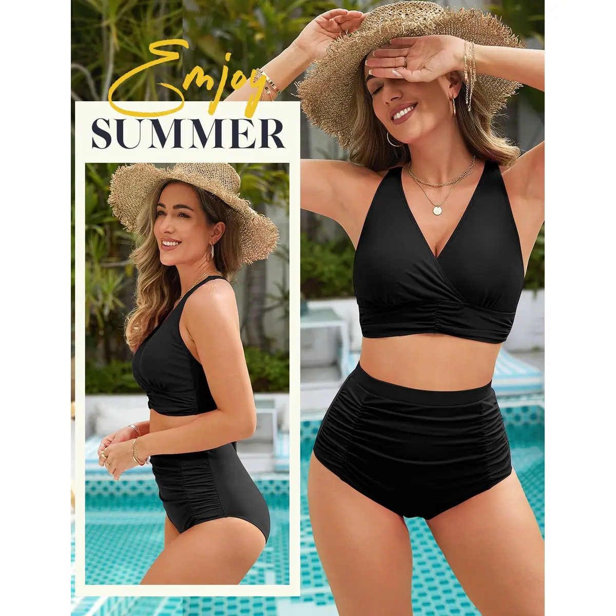 Svanco Conjunto de Bikini para Mujer Push Up con Parte Superior Criss Cross y Parte Inferior de Cintura Alta – Negro L – foto 2