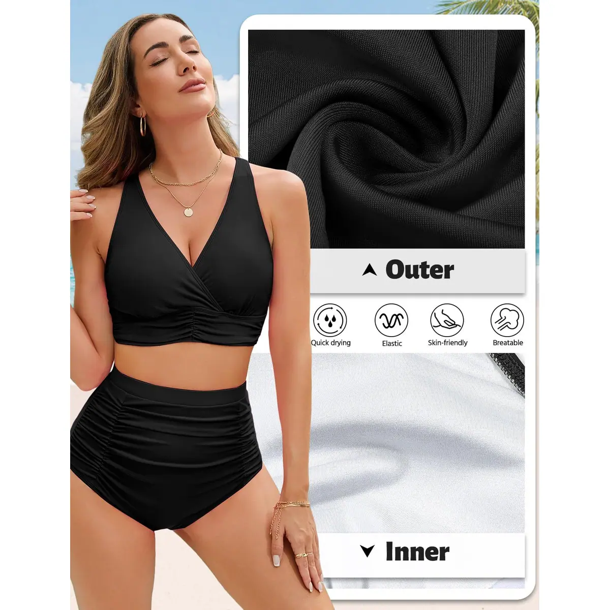 Svanco Conjunto de Bikini para Mujer Push Up con Parte Superior Criss Cross y Parte Inferior de Cintura Alta – Negro L – foto 4