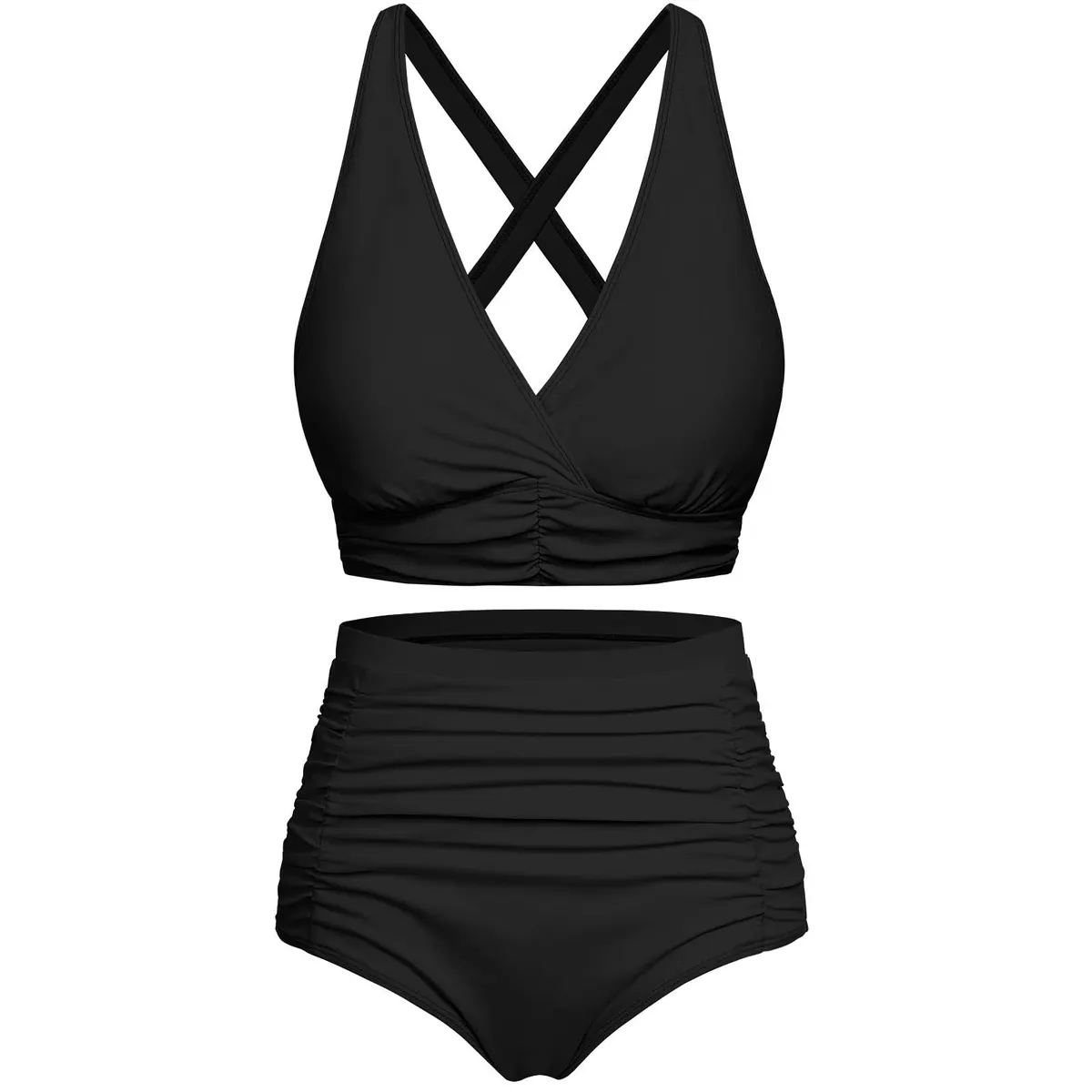 Svanco Conjunto de Bikini para Mujer Push Up con Parte Superior Criss Cross y Parte Inferior de Cintura Alta – Negro L